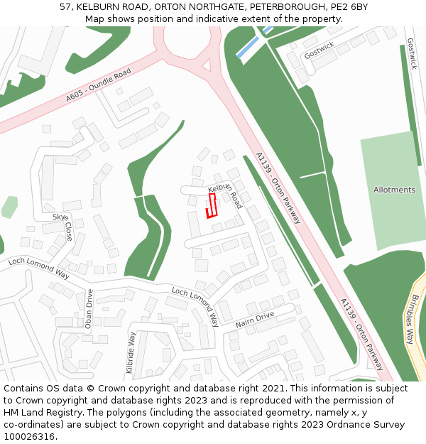 57, KELBURN ROAD, ORTON NORTHGATE, PETERBOROUGH, PE2 6BY: Location map and indicative extent of plot