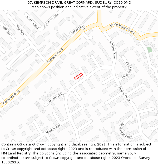 57, KEMPSON DRIVE, GREAT CORNARD, SUDBURY, CO10 0ND: Location map and indicative extent of plot