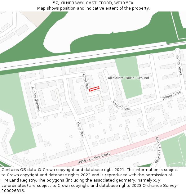 57, KILNER WAY, CASTLEFORD, WF10 5FX: Location map and indicative extent of plot