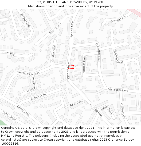 57, KILPIN HILL LANE, DEWSBURY, WF13 4BH: Location map and indicative extent of plot
