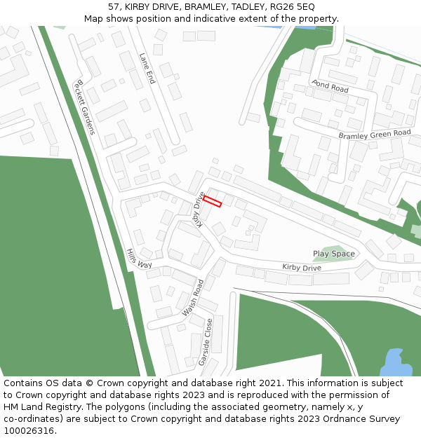 57, KIRBY DRIVE, BRAMLEY, TADLEY, RG26 5EQ: Location map and indicative extent of plot