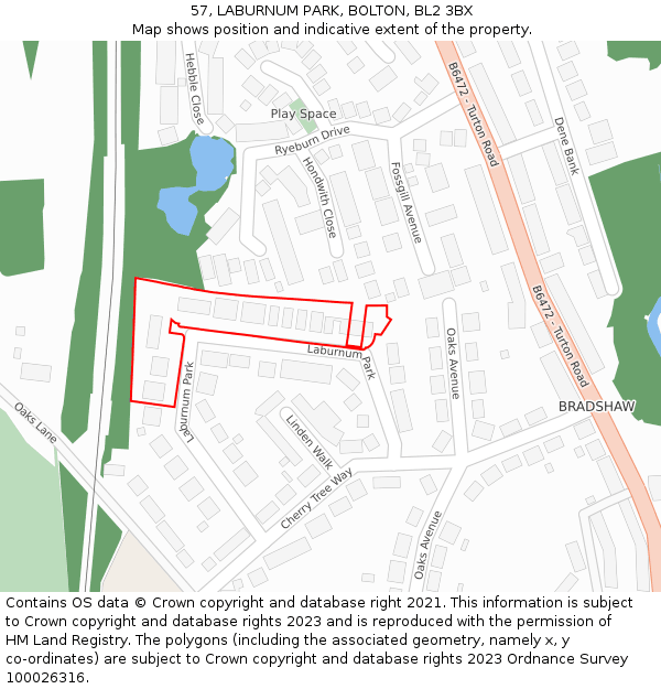 57, LABURNUM PARK, BOLTON, BL2 3BX: Location map and indicative extent of plot
