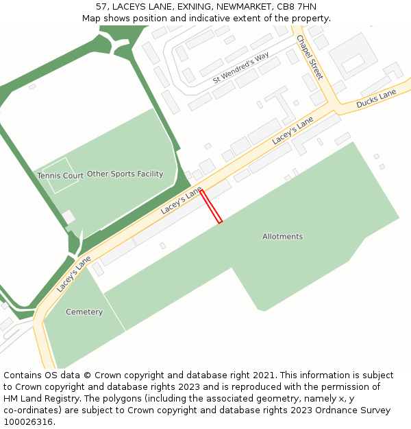57, LACEYS LANE, EXNING, NEWMARKET, CB8 7HN: Location map and indicative extent of plot
