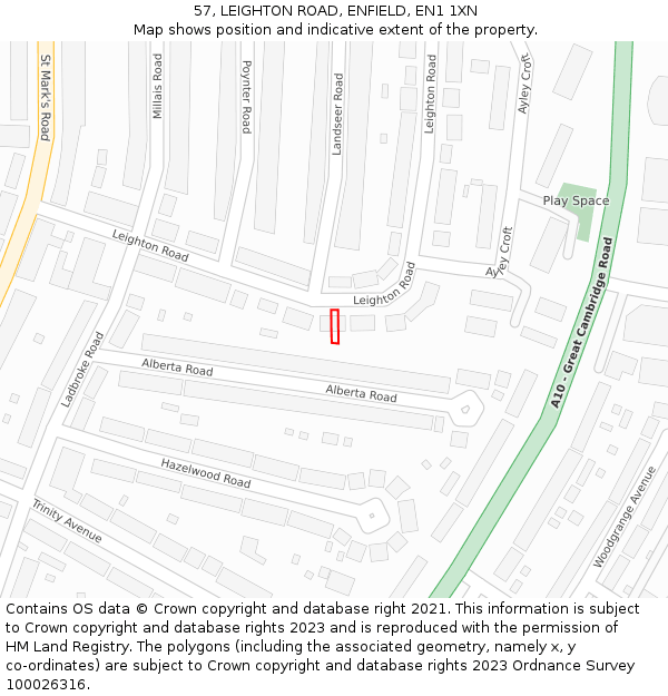 57, LEIGHTON ROAD, ENFIELD, EN1 1XN: Location map and indicative extent of plot