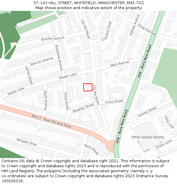 57, LILY HILL STREET, WHITEFIELD, MANCHESTER, M45 7GZ: Location map and indicative extent of plot