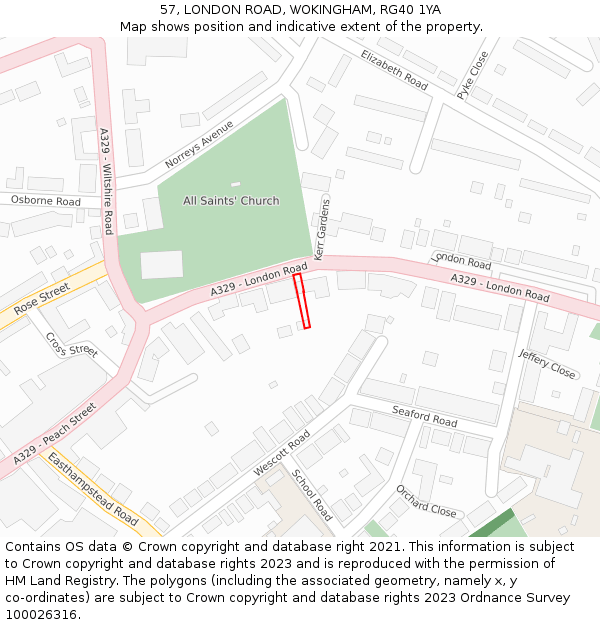 57, LONDON ROAD, WOKINGHAM, RG40 1YA: Location map and indicative extent of plot