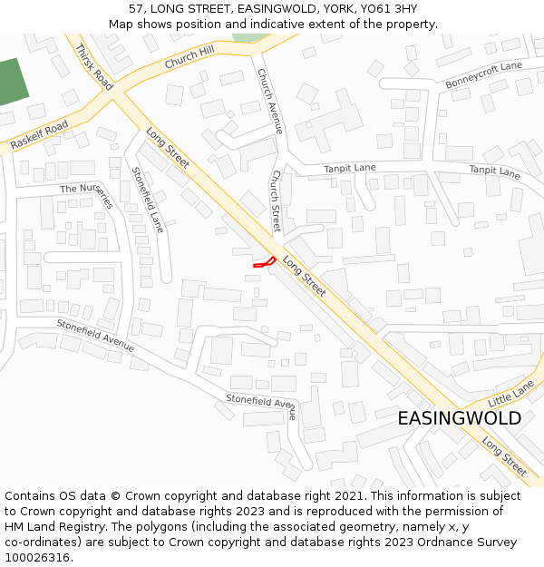 57, LONG STREET, EASINGWOLD, YORK, YO61 3HY: Location map and indicative extent of plot