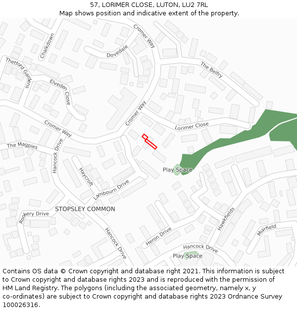 57, LORIMER CLOSE, LUTON, LU2 7RL: Location map and indicative extent of plot