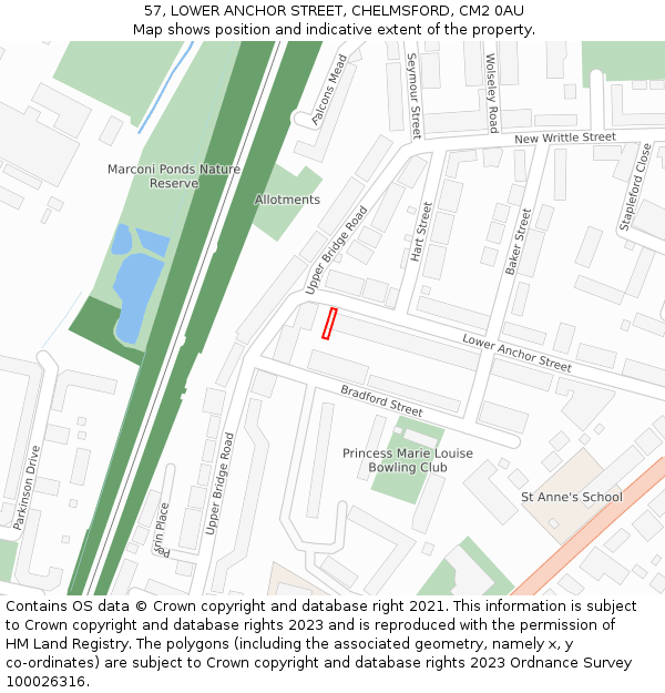 57, LOWER ANCHOR STREET, CHELMSFORD, CM2 0AU: Location map and indicative extent of plot