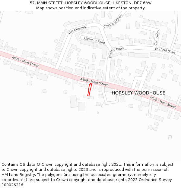 57, MAIN STREET, HORSLEY WOODHOUSE, ILKESTON, DE7 6AW: Location map and indicative extent of plot