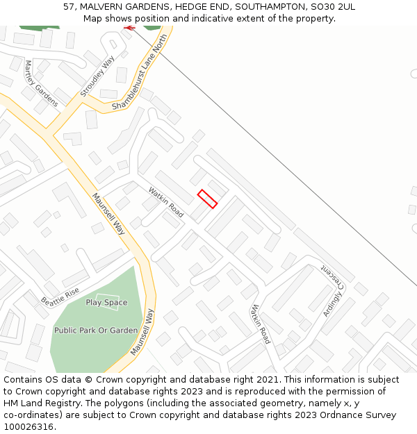 57, MALVERN GARDENS, HEDGE END, SOUTHAMPTON, SO30 2UL: Location map and indicative extent of plot