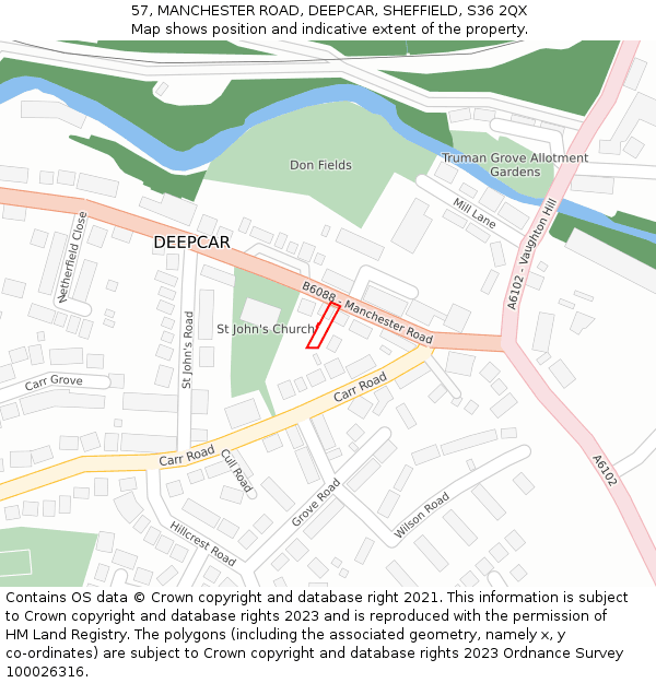 57, MANCHESTER ROAD, DEEPCAR, SHEFFIELD, S36 2QX: Location map and indicative extent of plot