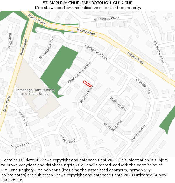 57, MAPLE AVENUE, FARNBOROUGH, GU14 9UR: Location map and indicative extent of plot