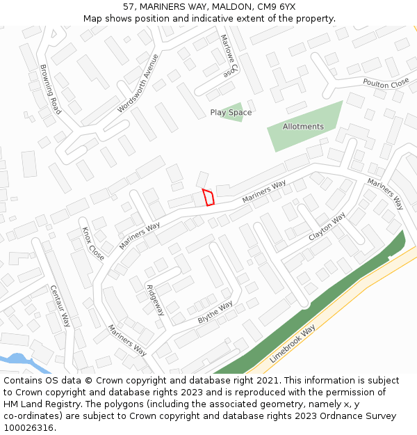 57, MARINERS WAY, MALDON, CM9 6YX: Location map and indicative extent of plot