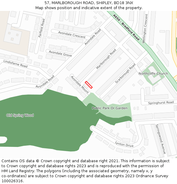 57, MARLBOROUGH ROAD, SHIPLEY, BD18 3NX: Location map and indicative extent of plot