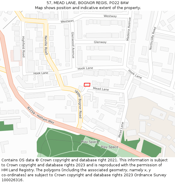 57, MEAD LANE, BOGNOR REGIS, PO22 8AW: Location map and indicative extent of plot