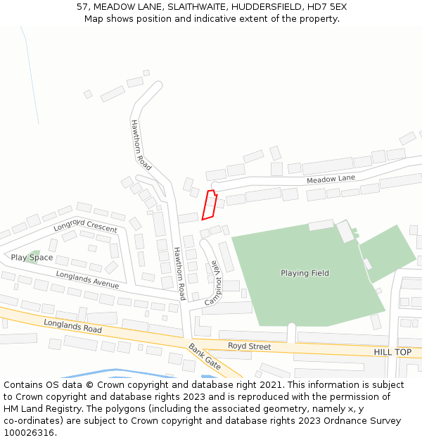 57, MEADOW LANE, SLAITHWAITE, HUDDERSFIELD, HD7 5EX: Location map and indicative extent of plot