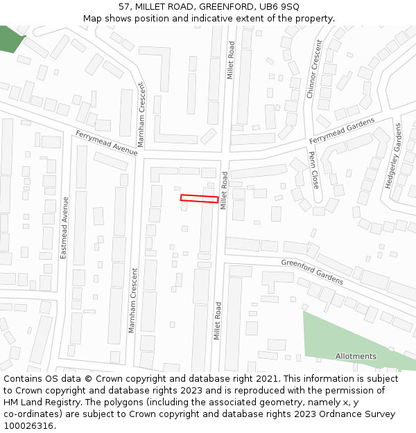 57, MILLET ROAD, GREENFORD, UB6 9SQ: Location map and indicative extent of plot