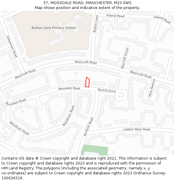57, MOSSDALE ROAD, MANCHESTER, M23 0WG: Location map and indicative extent of plot