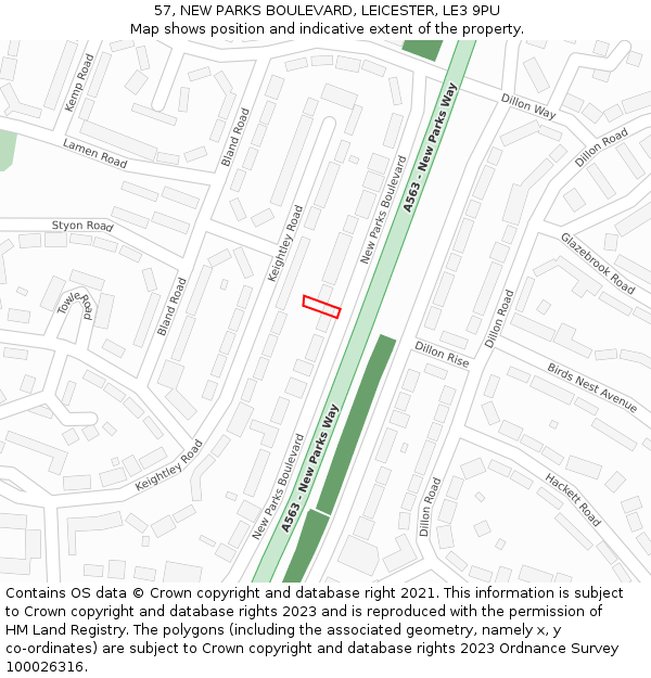 57, NEW PARKS BOULEVARD, LEICESTER, LE3 9PU: Location map and indicative extent of plot