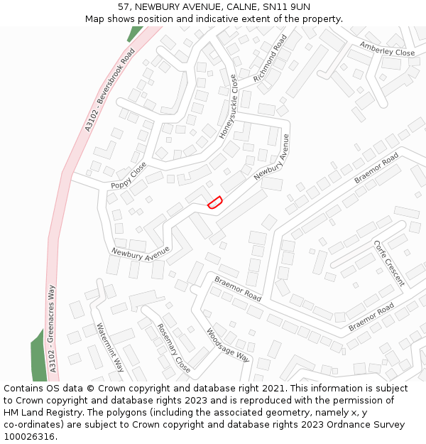 57, NEWBURY AVENUE, CALNE, SN11 9UN: Location map and indicative extent of plot