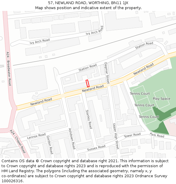 57, NEWLAND ROAD, WORTHING, BN11 1JX: Location map and indicative extent of plot