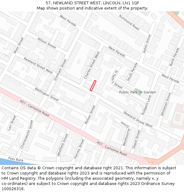 57, NEWLAND STREET WEST, LINCOLN, LN1 1QF: Location map and indicative extent of plot