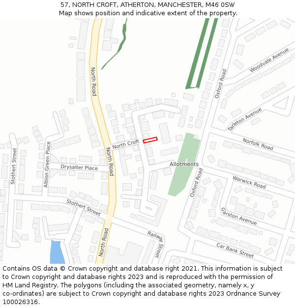 57, NORTH CROFT, ATHERTON, MANCHESTER, M46 0SW: Location map and indicative extent of plot
