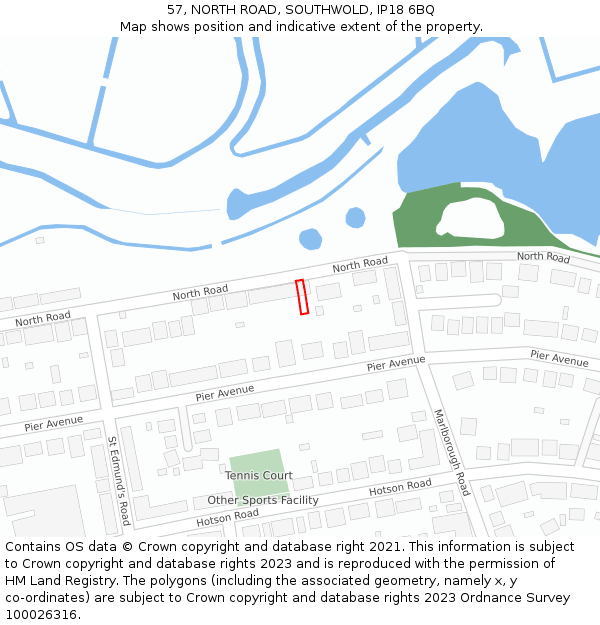 57, NORTH ROAD, SOUTHWOLD, IP18 6BQ: Location map and indicative extent of plot