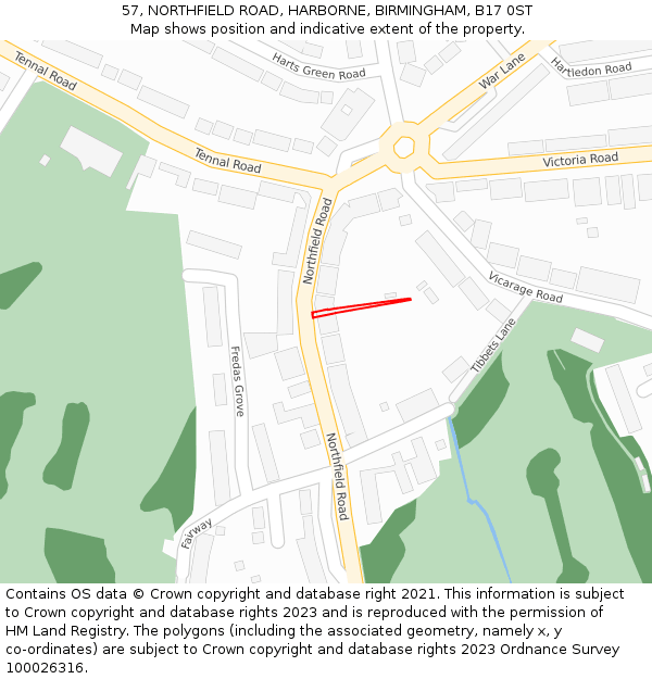 57, NORTHFIELD ROAD, HARBORNE, BIRMINGHAM, B17 0ST: Location map and indicative extent of plot