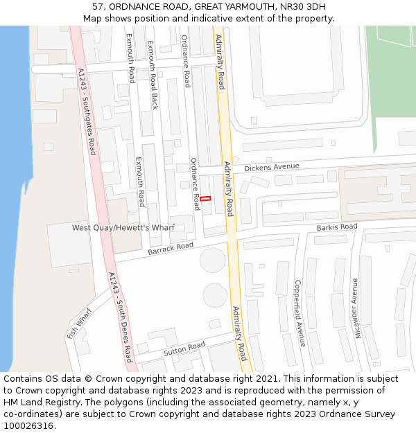 57, ORDNANCE ROAD, GREAT YARMOUTH, NR30 3DH: Location map and indicative extent of plot