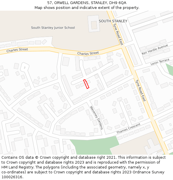 57, ORWELL GARDENS, STANLEY, DH9 6QA: Location map and indicative extent of plot