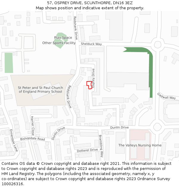 57, OSPREY DRIVE, SCUNTHORPE, DN16 3EZ: Location map and indicative extent of plot