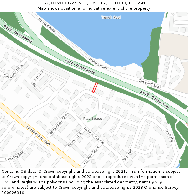 57, OXMOOR AVENUE, HADLEY, TELFORD, TF1 5SN: Location map and indicative extent of plot