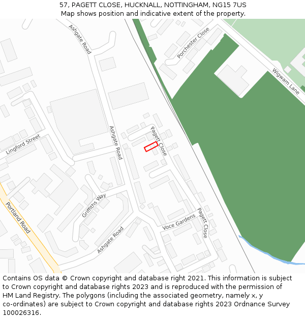 57, PAGETT CLOSE, HUCKNALL, NOTTINGHAM, NG15 7US: Location map and indicative extent of plot