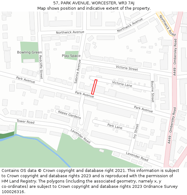 57, PARK AVENUE, WORCESTER, WR3 7AJ: Location map and indicative extent of plot