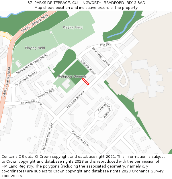 57, PARKSIDE TERRACE, CULLINGWORTH, BRADFORD, BD13 5AD: Location map and indicative extent of plot