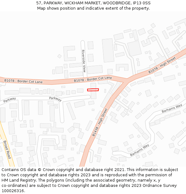 57, PARKWAY, WICKHAM MARKET, WOODBRIDGE, IP13 0SS: Location map and indicative extent of plot