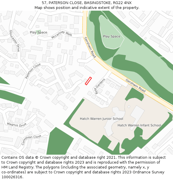 57, PATERSON CLOSE, BASINGSTOKE, RG22 4NX: Location map and indicative extent of plot