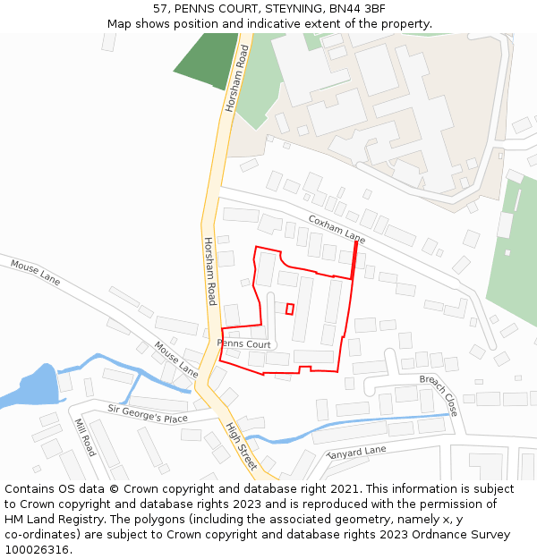 57, PENNS COURT, STEYNING, BN44 3BF: Location map and indicative extent of plot