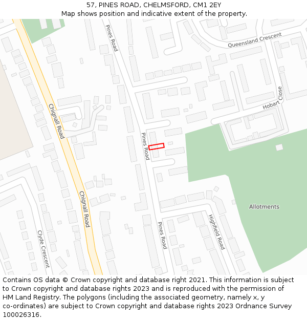 57, PINES ROAD, CHELMSFORD, CM1 2EY: Location map and indicative extent of plot