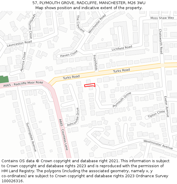 57, PLYMOUTH GROVE, RADCLIFFE, MANCHESTER, M26 3WU: Location map and indicative extent of plot