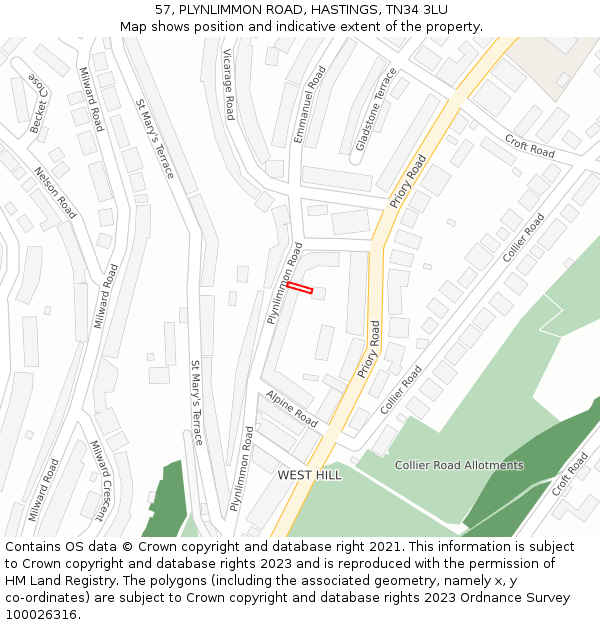 57, PLYNLIMMON ROAD, HASTINGS, TN34 3LU: Location map and indicative extent of plot