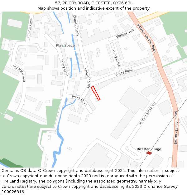 57, PRIORY ROAD, BICESTER, OX26 6BL: Location map and indicative extent of plot
