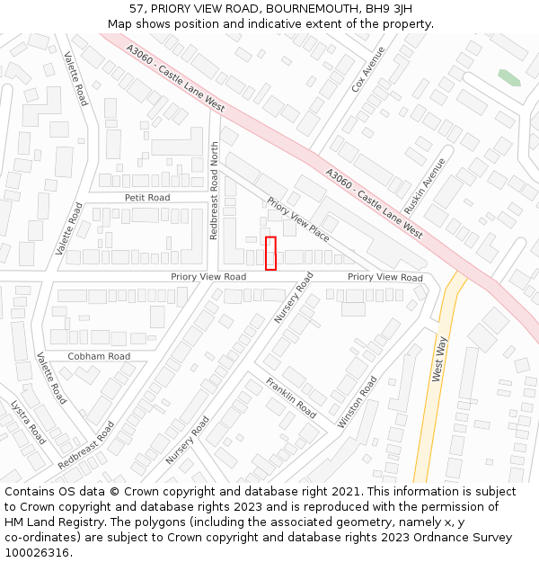57, PRIORY VIEW ROAD, BOURNEMOUTH, BH9 3JH: Location map and indicative extent of plot