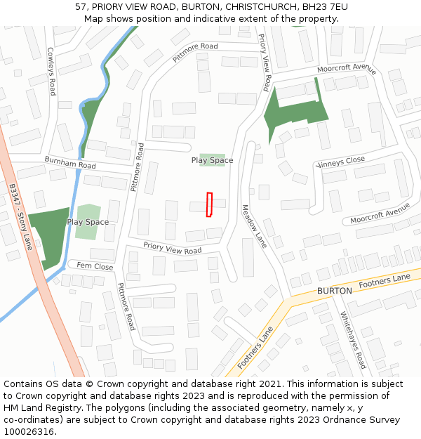 57, PRIORY VIEW ROAD, BURTON, CHRISTCHURCH, BH23 7EU: Location map and indicative extent of plot