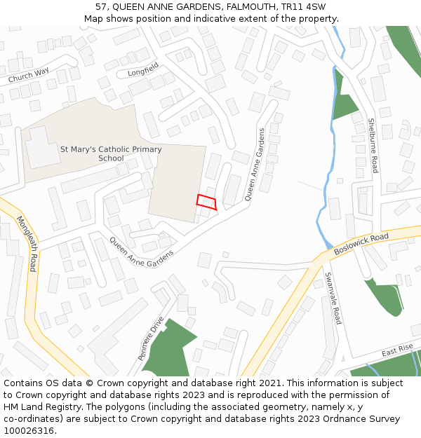 57, QUEEN ANNE GARDENS, FALMOUTH, TR11 4SW: Location map and indicative extent of plot