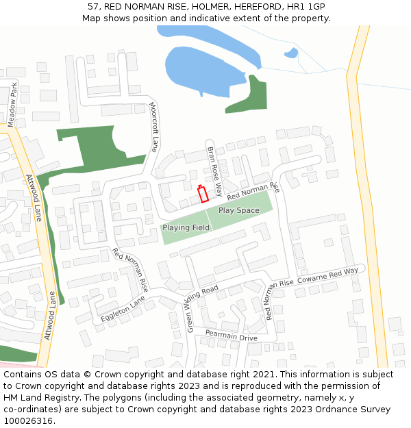 57, RED NORMAN RISE, HOLMER, HEREFORD, HR1 1GP: Location map and indicative extent of plot