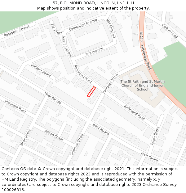 57, RICHMOND ROAD, LINCOLN, LN1 1LH: Location map and indicative extent of plot