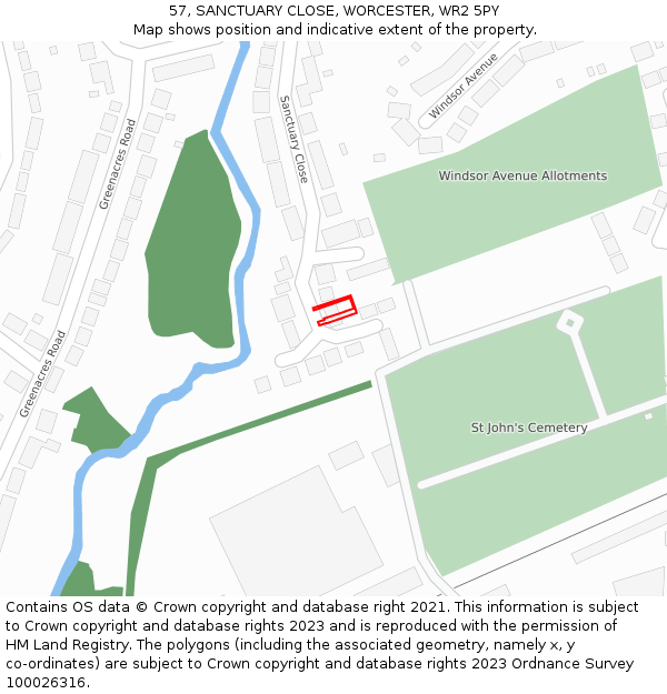 57, SANCTUARY CLOSE, WORCESTER, WR2 5PY: Location map and indicative extent of plot